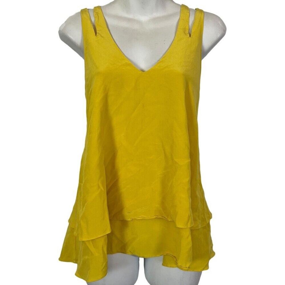 Jay Godfrey Womens Yellow V-Neck Silk Sleeveless Strappy Ruffle Top Shirt sz 4